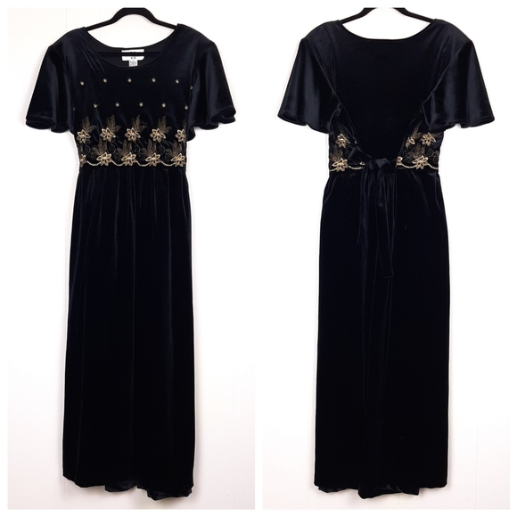 Vintage Dresses Studio C Vintage Black Velvet Maxi Dress Gold